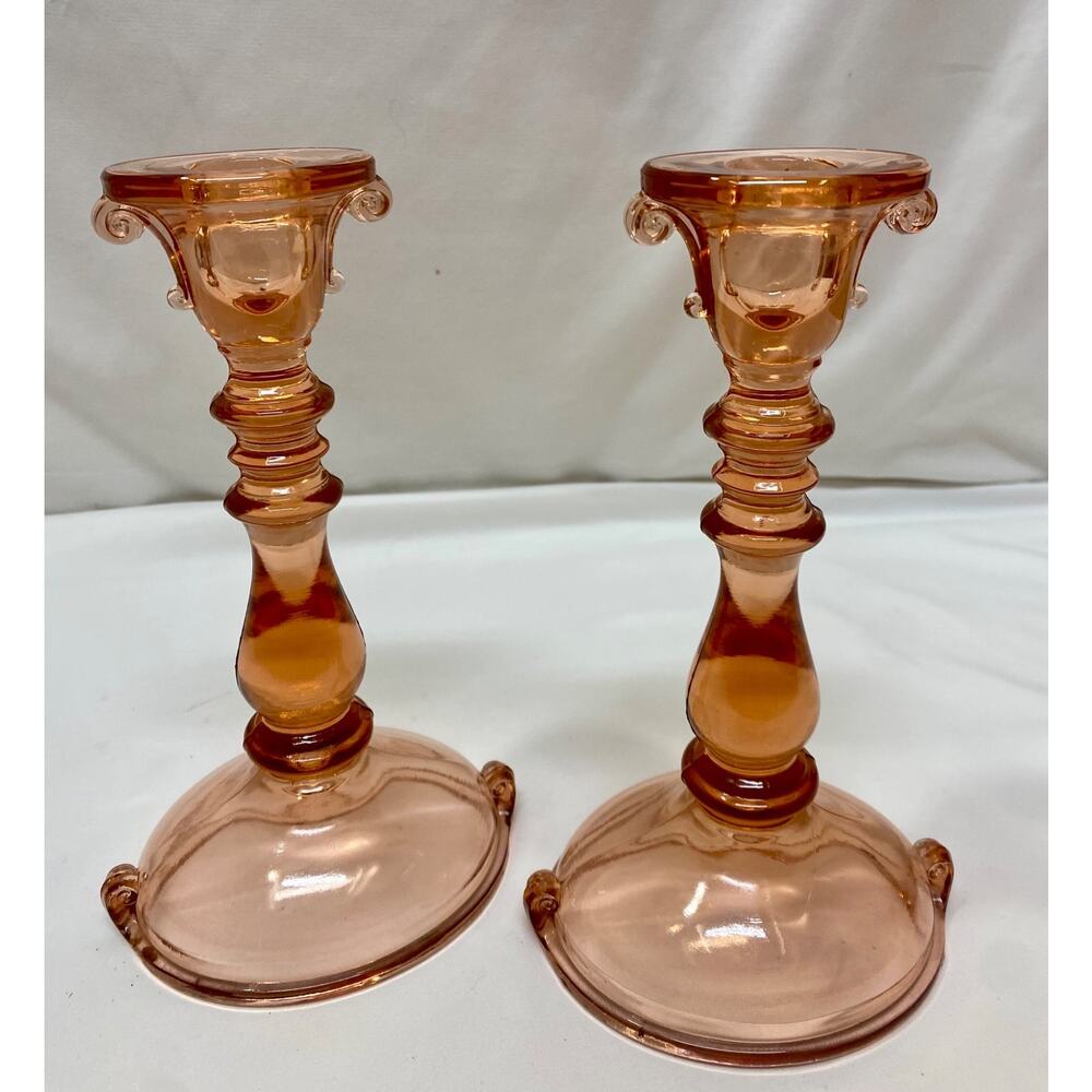 Imperial Double Scroll Pink Depression Glass Candle Stick Holders Pair